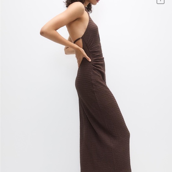 Pull & Bear Textured Halter Midi Dress Brown - Picture 3 of 7